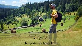  Presentation with inspirational - Theme enhanced with side view of young bearded man admiring view of mountains looking at beautiful mountains inspirational landscape background and a yellow colored foreground