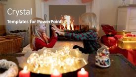  Presentation with sister - PPT theme with side view of young caucasian brother and sister sitting by the fireplace in their sitting room at christmas time playing background and a coral colored foreground