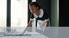  Presentation with five star - Presentation enhanced with side-view-of-young-housemaid background and a light gray colored foreground