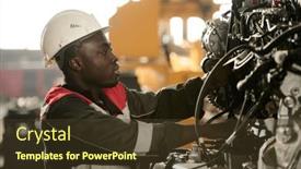  Presentation with factory machine - Slide set enhanced with side-view-of-young-male background and a tawny brown colored foreground