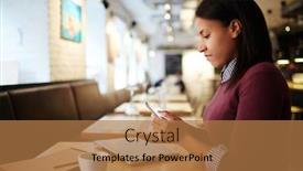  Presentation with social media - PPT theme featuring side view of young mixed race woman sitting at cafe table with laptop and checking social media on smartphone background and a coral colored foreground