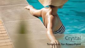  Presentation with pool side - PPT layouts consisting of side view of young mixed race woman with hat leaning on edge of pool in backyard of her home background and a coral colored foreground