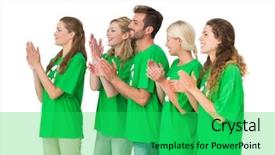  Presentation with recycling - Colorful slide set enhanced with side view of young people in recycling symbol t-shirts clapping hands over white background backdrop and a shamrock green colored foreground