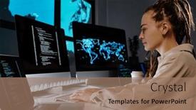  Presentation with computer software - PPT layouts enhanced with side-view-of-young-programmer background and a coral colored foreground