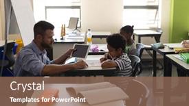  Presentation with kneeling - Audience pleasing PPT theme consisting of side-view-of-young-school backdrop and a violet colored foreground