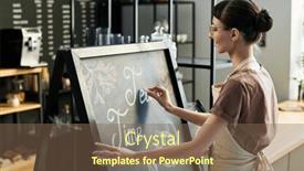  Presentation with cafeteria - Slide deck consisting of side-view-of-young-waitress background and a violet colored foreground