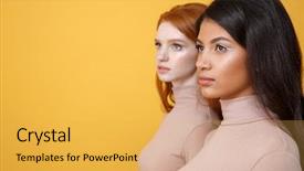  Presentation with focus - Slide deck consisting of side view picture of serious young two ladies standing over yellow background and looking aside focus on african woman background and a yellow colored foreground