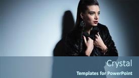  Presentation with fashion - Audience pleasing PPT theme consisting of side view picture of a gorgeous fashion woman fixing her fur coat while looking away from the camera backdrop and a ocean colored foreground