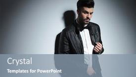  Presentation with business casual - Audience pleasing slide deck consisting of side view picture of a casual business man leaning on a wall while pulling his leather acket backdrop and a mint green colored foreground