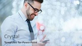  Presentation with text message - Colorful presentation theme enhanced with side view portrait of modern businessman wearing glasses shirt and tie smiling joyfully while reading text message from smartphone against blurred office background backdrop and a light blue colored foreground