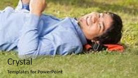  Presentation with college campus - Presentation theme having side view portrait of relaxed young man holding book while lying on grass at college campus background and a yellow colored foreground