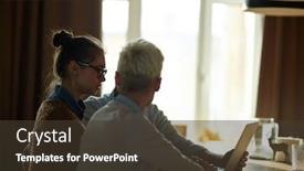  Presentation with discussion room - Audience pleasing presentation design consisting of side view portrait of several creative business people sitting together at table in dim room having discussion meeting and looking at laptop screen backdrop and a tawny brown colored foreground