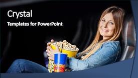  Presentation with movie theater - Colorful slide set enhanced with side view portrait of smiling woman with snacks sitting at movie theater backdrop and a black colored foreground