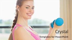  Presentation with fitness - Beautiful theme featuring side view portrait of a fit young woman exercising with dumbbells in bright fitness studio backdrop and a lemonade colored foreground