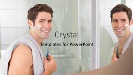  Presentation with shaving - PPT theme having side view portrait of a smiling handsome young man with reflection shaving in the bathroom background and a light gray colored foreground