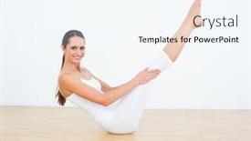  Presentation with fitness - Presentation featuring side view portrait of a toned young woman doing the boat pose in fitness studio background and a sky blue colored foreground