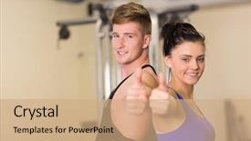  Presentation with sporty - Presentation design with side view portrait of a sporty couple gesturing thumbs up in the gym background and a coral colored foreground