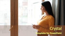  Presentation with hotel business - Presentation with side view portrait of a business woman standing near the window with phone and looking away at the hotel room background and a tawny brown colored foreground
