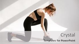  Presentation with knee - Presentation theme with side view portrait of a young healthy sporty woman sitting on on knee and tying her shoelace isolated on a white background background and a light gray colored foreground
