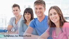  Presentation with students anime - Slide set consisting of side view shot of four students looking and turned towards the camera background and a teal colored foreground