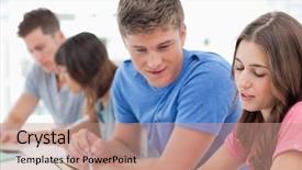  Presentation with hard work - Theme having side view shot of people studying hard as one man helps a woman with the work background and a coral colored foreground