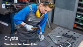  Presentation with piece of the pie - Slide deck featuring sideview-of-worker-woman-marking background and a ocean colored foreground