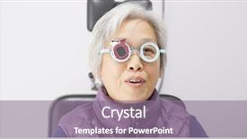  Presentation with test - Audience pleasing PPT theme consisting of sight older - old woman doing eye test backdrop and a gray colored foreground