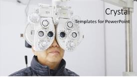  Presentation with senior asian - Presentation theme having sight older - senior asian man doing eye background and a light gray colored foreground