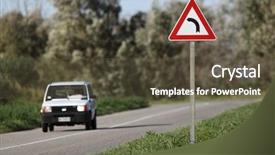  Presentation with blind curve road and - PPT layouts consisting of sign and a small car background and a tawny brown colored foreground
