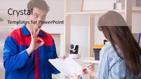  Presentation with camera - Audience pleasing slides consisting of sign installation - client getting securty camera installed backdrop and a  colored foreground