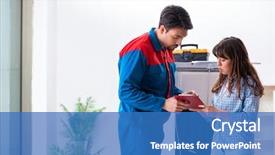  Presentation with customer verification - Amazing PPT theme having sign installation - man repairing fridge with customer backdrop and a  colored foreground