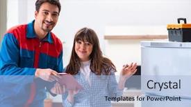  Presentation with customer verification - Amazing PPT layouts having sign installation - man repairing fridge with customer backdrop and a  colored foreground