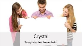  Presentation with holding people in hands - Audience pleasing presentation theme consisting of sign male - three young people holding blank backdrop and a white colored foreground