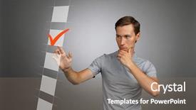  Presentation with box - Beautiful presentation theme featuring sign marker male - young man in t-shirt checking backdrop and a coral colored foreground