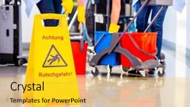  Presentation with floor care and cleaning services - Cool new slide deck with sign on floor in cleaning backdrop and a yellow colored foreground