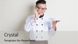  Presentation with chef - Colorful presentation enhanced with hand sign standing on plain backdrop and a light gray colored foreground