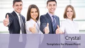  Presentation with happy hour is the best - Colorful theme enhanced with sign up - portrait of happy businesspeople standing backdrop and a light blue colored foreground