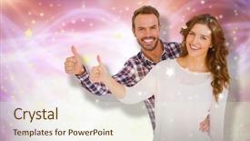  Presentation with young happy couple - PPT layouts featuring sign up purple - happy young couple putting thumbs background and a sky blue colored foreground