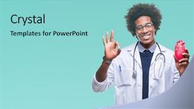  Presentation with cardiologist - Presentation design consisting of afro american cardiologist doctor man over isolated background doing ok sign with fingers excellent symbol background and a light blue colored foreground