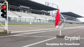  Presentation with race track - Audience pleasing PPT theme consisting of sign with flag on speedway backdrop and a gray colored foreground