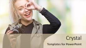  Presentation with summer camp pictures - Presentation theme featuring sign with hand on eye background and a  colored foreground