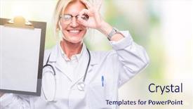  Presentation with doctor helps to get out of bed an elderly woman - Cool new theme with sign with hand on eye backdrop and a sky blue colored foreground