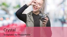  Presentation with summer camp pictures - Presentation design having sign with hand on eye background and a coral colored foreground