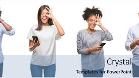  Presentation with people collage - PPT theme enhanced with sign with hand on eye background and a light blue colored foreground