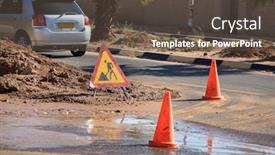  Presentation with water pipe - Cool new slide set with sign-working-on-a-burst backdrop and a tawny brown colored foreground