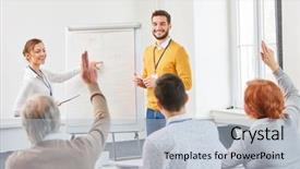  Presentation with business training - Slides having signal person - motivated business seminar group background and a  colored foreground