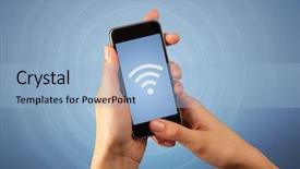  Presentation with wireless charging mobiles smartphone - Colorful slide deck enhanced with signals waves - female fingers touching smartphone backdrop and a light blue colored foreground