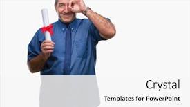  Presentation with eye - Colorful slide set enhanced with signing ceremony - handsome senior man holding degree backdrop and a white colored foreground