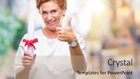  Presentation with certificate - Theme enhanced with signing ceremony - senior caucasian woman holding degree background and a coral colored foreground