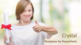  Presentation with down syndrome children disability school - Theme with signing ceremony - young adult woman with down background and a  colored foreground